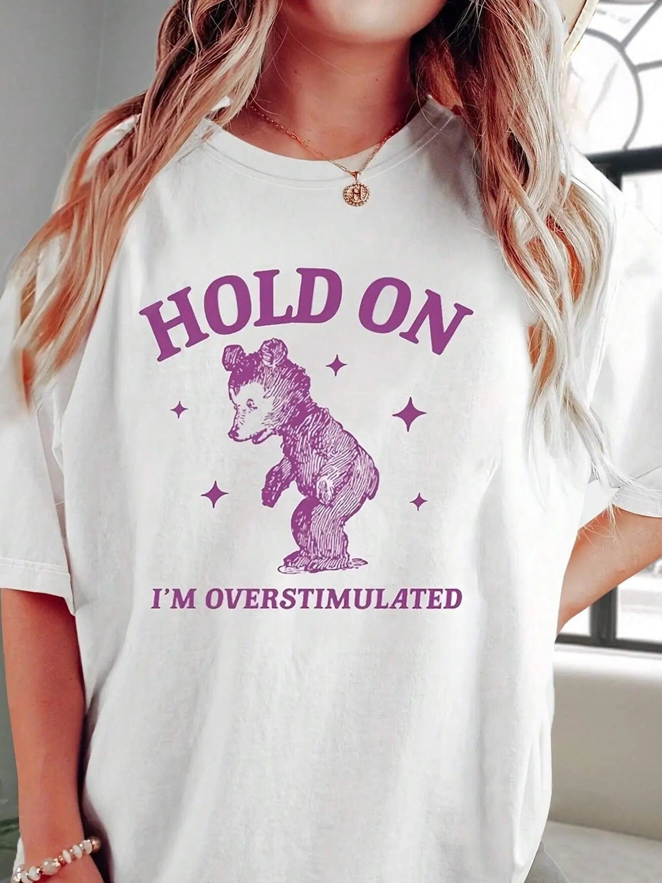 Women'WB shield Letter Bear Print Half Sleeve Drop Shoulder Tee, Casual Crew Neck T-shirt for Daily Holiday Outdoor Wear,...