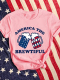 Women'WB shield Letter Beverage Print Round Neck Graphic Tee, American Flag Pattern Vintage Trendy Casual Short Sleeve...