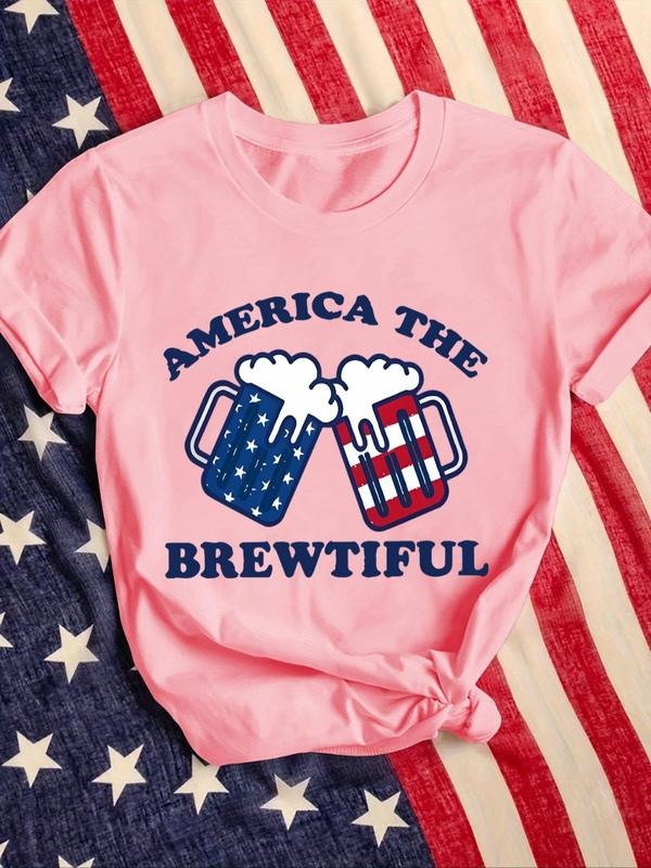 Women'WB shield Letter Beverage Print Round Neck Graphic Tee, American Flag Pattern Vintage Trendy Casual Short Sleeve...