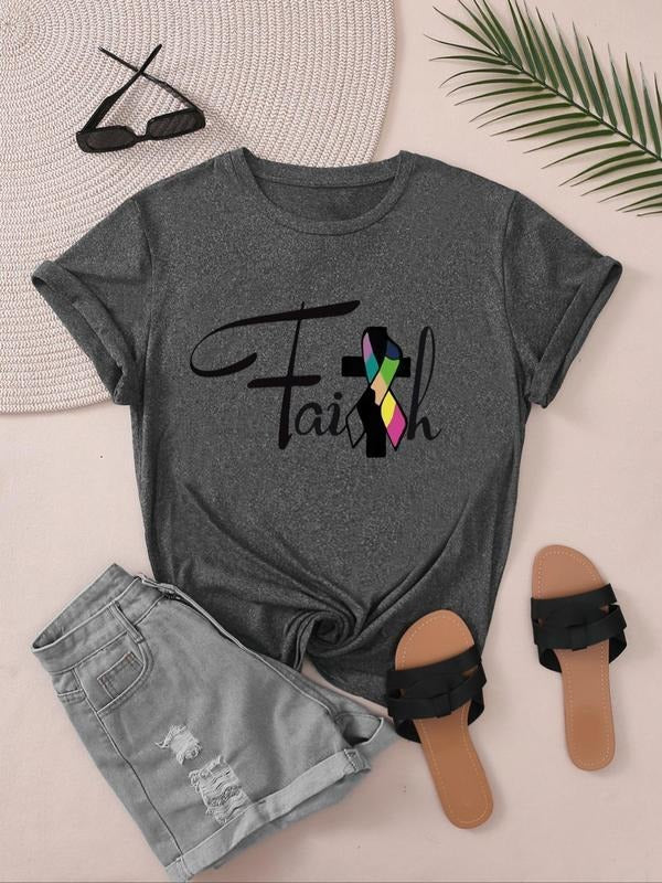 Women'WB shield Letter Cross Print Round Neck Tee, Casual Short Sleeve T-shirt for Summer, Ladies TNF for Daily Wear...