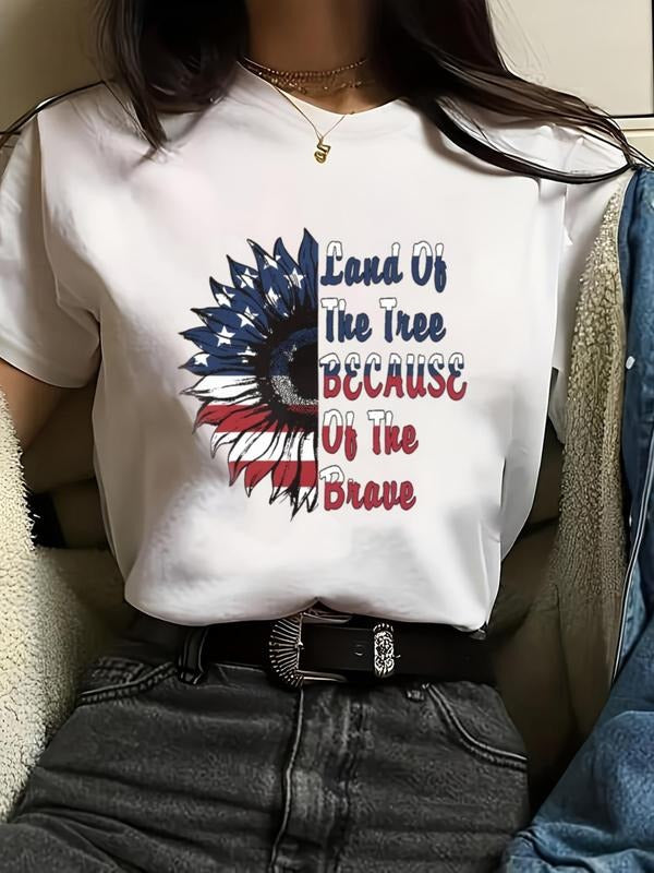 Women'WB shield Letter Floral Print Round Neck Graphic Tee, Casual American Flag Print Short Sleeve T-shirt for Daily...