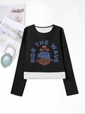 Women'WB shield Letter Graphic Print Crew Neck TNF Lined Tee, Casual Warm Long Sleeve T-shirt for Fall & Winter, Women'WB...