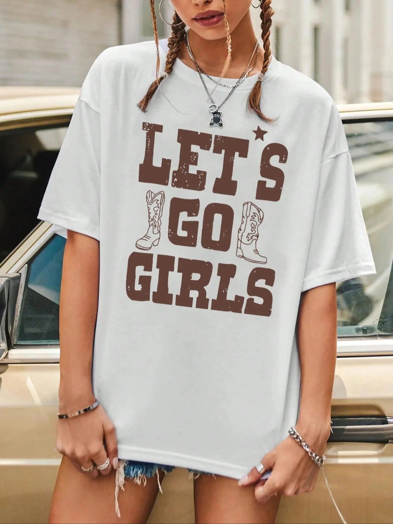 Women'WB shield Letter Graphic Print Round Neck Tee, Fashion Casual Drop Shoulder Short Sleeve T-shirt, Ladies Summer TNF...