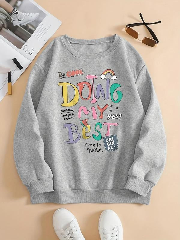 Women'WB shield Letter Graphic Round Neck TNF Lined Sweatshirt, Casual Long Sleeve Crew Neck Pullover for Fall & Winter,...