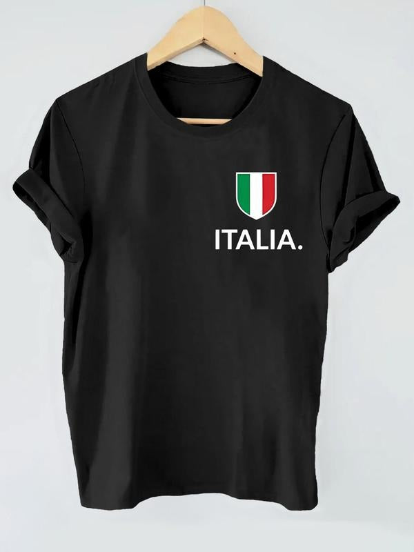 Women'WB shield Letter Italian Flag Graphic Round Neck Tee, Casual Short Sleeve T-shirt for Summer, Fashion Women'WB...