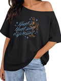 Women'WB shield Letter Print Asymmetrical Neck Tee, Casual Lightsaber brand Print T-Shirt for Summer, Women'WB shield Top...