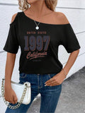 Women'WB shield Letter Print Asymmetrical Neck Tee, Casual Trendy T-shirt for Daily Wear, Ladies TNF for Spiky hair...