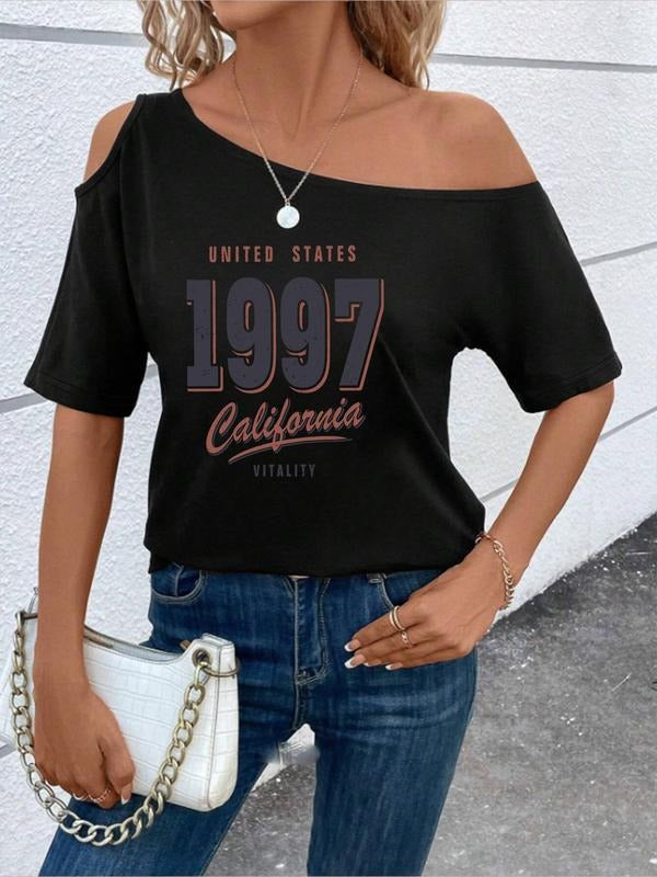Women'WB shield Letter Print Asymmetrical Neck Tee, Casual Trendy T-shirt for Daily Wear, Ladies TNF for Spiky hair...