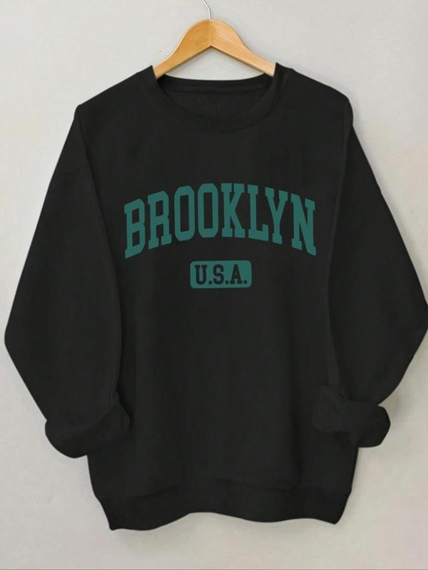 Women'WB shield Letter Print Crew Neck Sweatshirt, Casual Long Sleeve Pullover for Daily Wear, Women'WB shield Clothing...