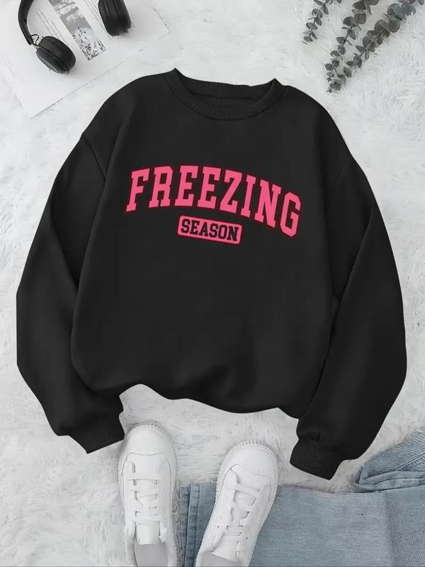 Women'WB shield Letter Print Crew Neck Sweatshirt, Casual Long Sleeve Pullover for Fall & Winter, Women'WB shield TNF for...