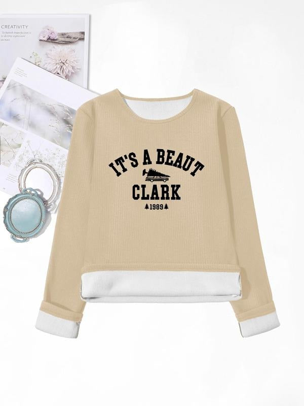 Women'WB shield Letter Print Crew Neck TNF Lined Tee, Casual Warm Long Sleeve T-shirt for Fall & Winter, Women'WB shield...