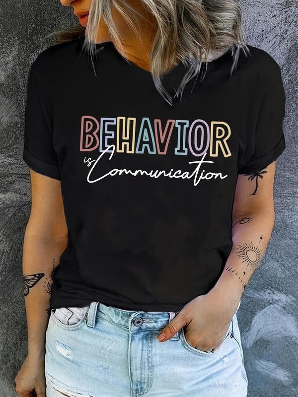 Women'WB shield Letter Print Crew Neck Tee, Fashion Round Neck Short Sleeve Top, Ladies Spiky hair fighters Seasons...