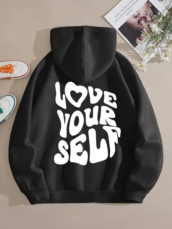 Women'WB shield Letter Print Drawstring Pocket Hoodie, Fashion Casual Drop Shoulder Long Sleeve Hooded Sweatshirt for...