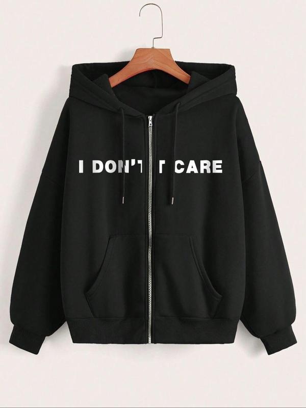 Women'WB shield Letter Print Drawstring Zip Up Hoodie, Casual Drop Shoulder Long Sleeve Hooded Sweatshirt for Daily Wear,...