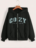 Women'WB shield Letter Print Drawstring Zip Up Hoodie, Casual Drop Shoulder Long Sleeve Hooded Sweatshirt for Daily Wear,...