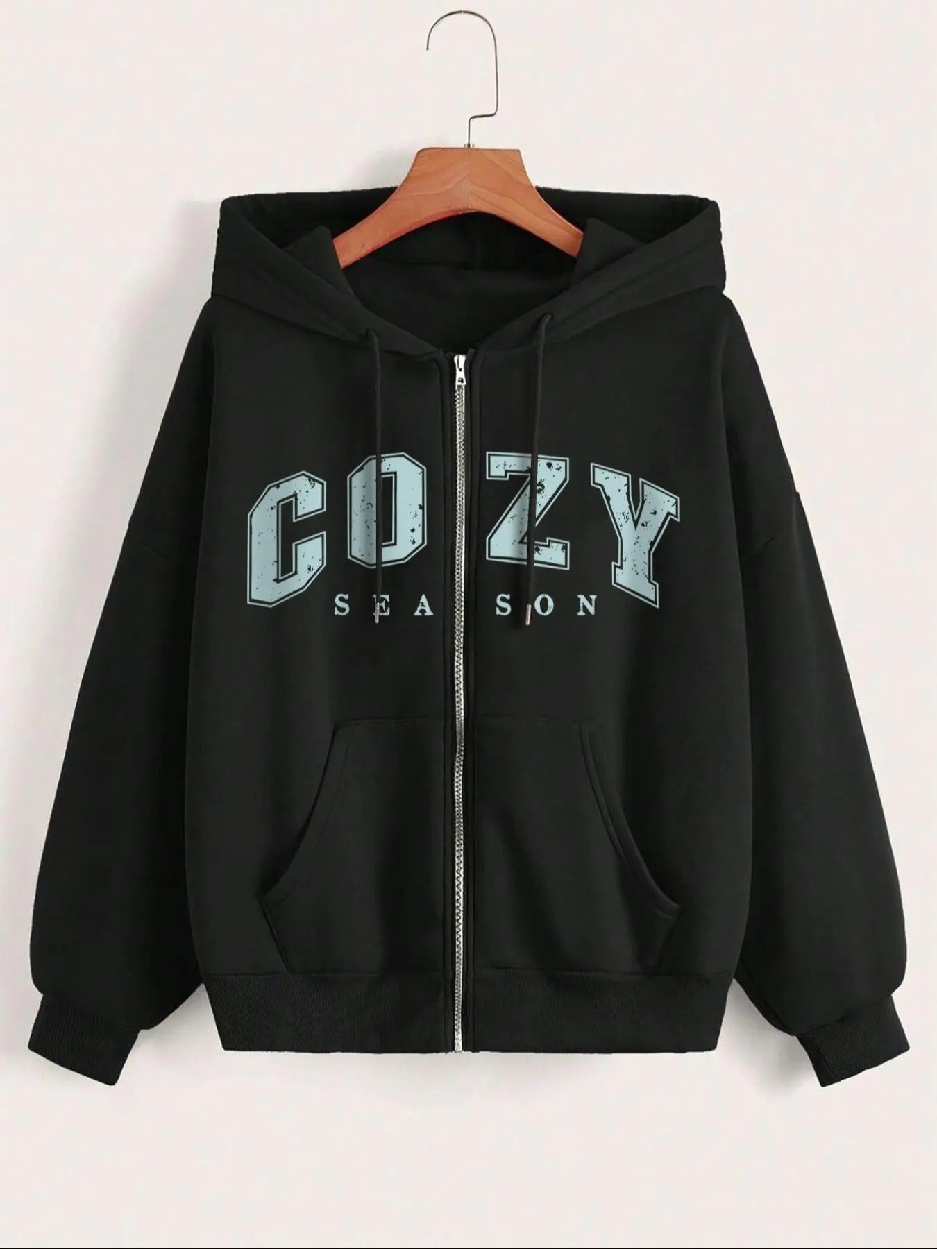 Women'WB shield Letter Print Drawstring Zip Up Hoodie, Casual Drop Shoulder Long Sleeve Hooded Sweatshirt for Daily Wear,...