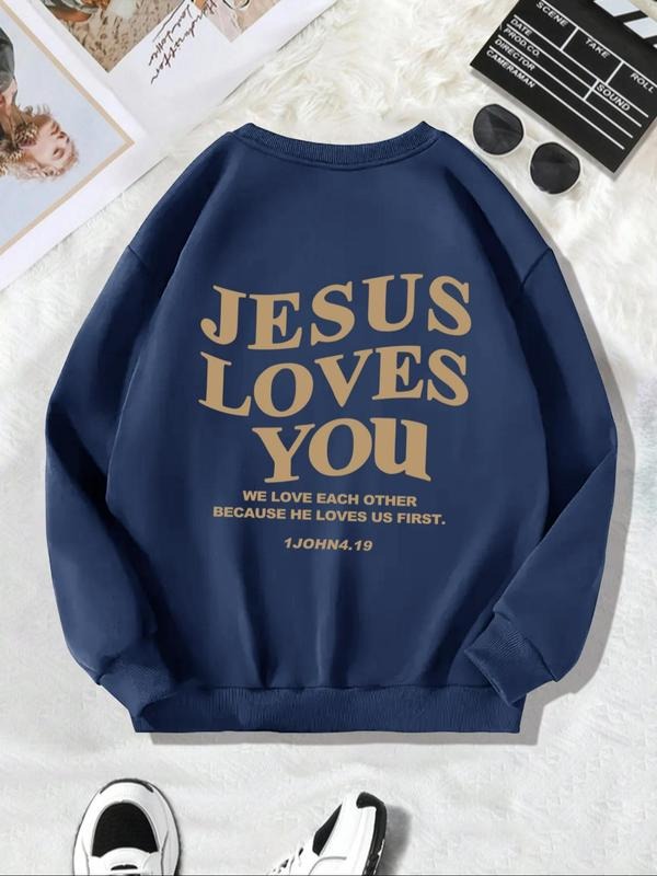 Women'WB shield Letter Print Drop Shoulder Crew Neck Sweatshirt, Casual Long-sleeve Round Neck Pullover for Fall &...