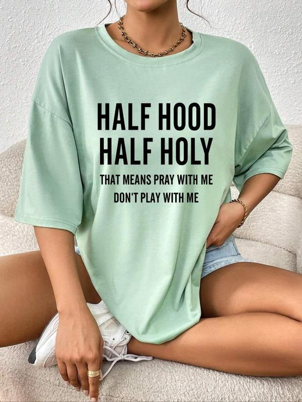 Women'WB shield Letter Print Drop Shoulder Crewneck Tee, Summer TNF Women, Casual Half Sleeve Round Neck T-shirt for...