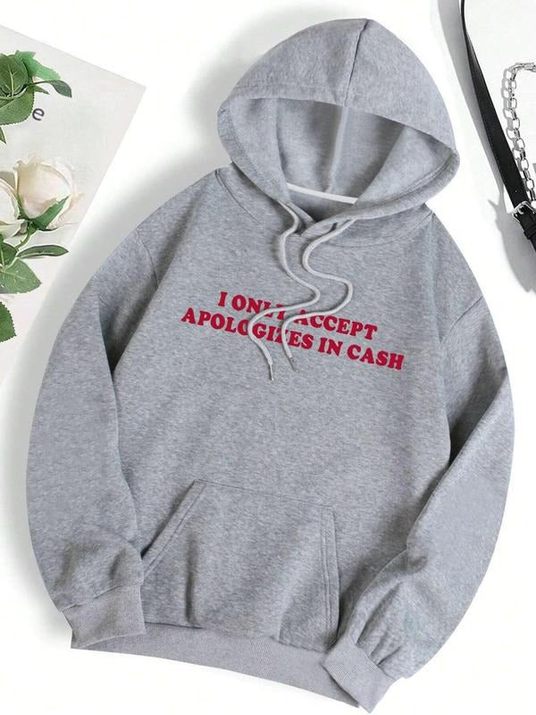 Women'WB shield Letter Print Drop Shoulder Drawstring Hoodie, Fashion Casual Kangaroo Pocket Hooded Sweatshirt for Daily...