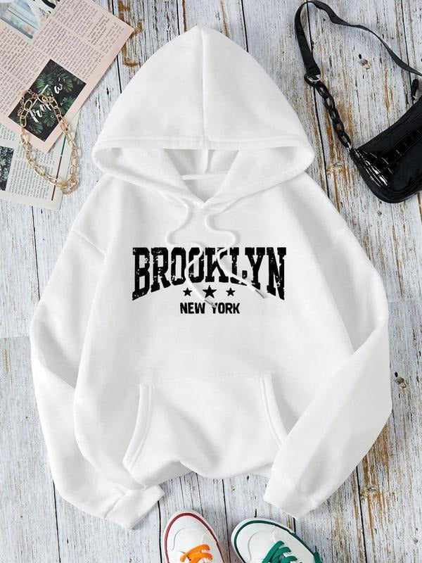 Women'WB shield Letter Print Drop Shoulder Drawstring Hoodie, Fashion Casual Kangaroo Pocket Hooded Sweatshirt for Daily...