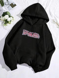 Women'WB shield Letter Print Drop Shoulder Drawstring Hoodie, Fashion Casual Kangaroo Pocket Hooded Sweatshirt for Daily...