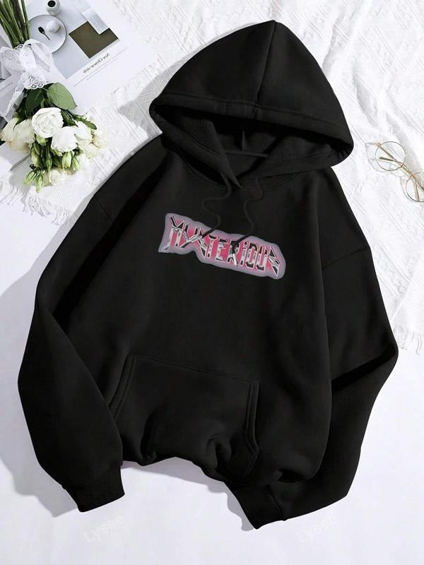 Women'WB shield Letter Print Drop Shoulder Drawstring Hoodie, Fashion Casual Kangaroo Pocket Hooded Sweatshirt for Daily...