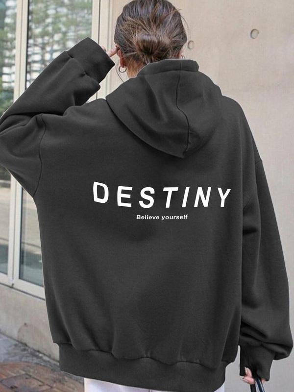 Women'WB shield Letter Print Drop Shoulder Drawstring Hoodie, Fashion Casual Kangaroo Pocket Hooded Sweatshirt for Daily...