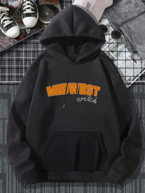 Women'WB shield Letter Print Drop Shoulder Drawstring Hoodie, Fashion Casual Pocket Hooded Sweatshirt For Daily Wear,...