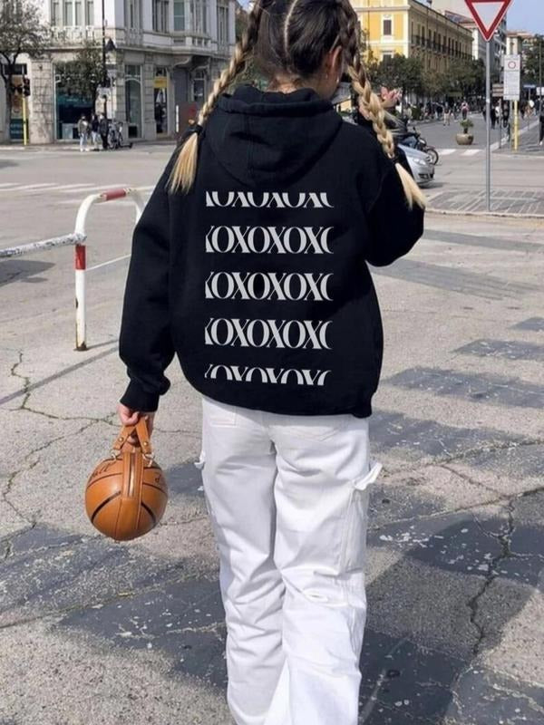 Women'WB shield Letter Print Drop Shoulder Drawstring Hoodie, Fashion Casual Pocket Hooded Sweatshirt for Daily Outdoor...