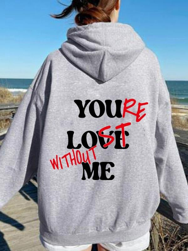 Women'WB shield Letter Print Drop Shoulder Drawstring Pocket Hoodie, Casual Long Sleeve Hooded Top For Fall & Winter,...