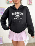 Women'WB shield Letter Print Drop Shoulder Drawstring Pocket Hoodie, Fashion Casual Hooded Sweatshirt For Daily Outdoor...