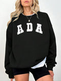 Women'WB shield Letter Print Drop Shoulder Fleece Sweatshirt, Casual Long Sleeve Round Neck Pullover for Fall & Winter,...