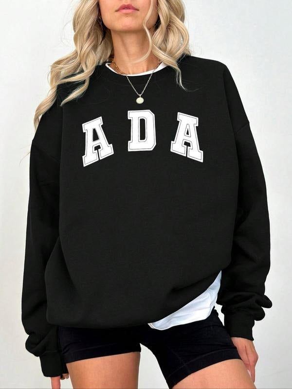 Women'WB shield Letter Print Drop Shoulder Fleece Sweatshirt, Casual Long Sleeve Round Neck Pullover for Fall & Winter,...