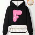Women'WB shield Letter Print Drop Shoulder Fuzzy Hoodie, Casual Long Sleeve Hooded Sweatshirt for Fall & Winter, Women'WB...
