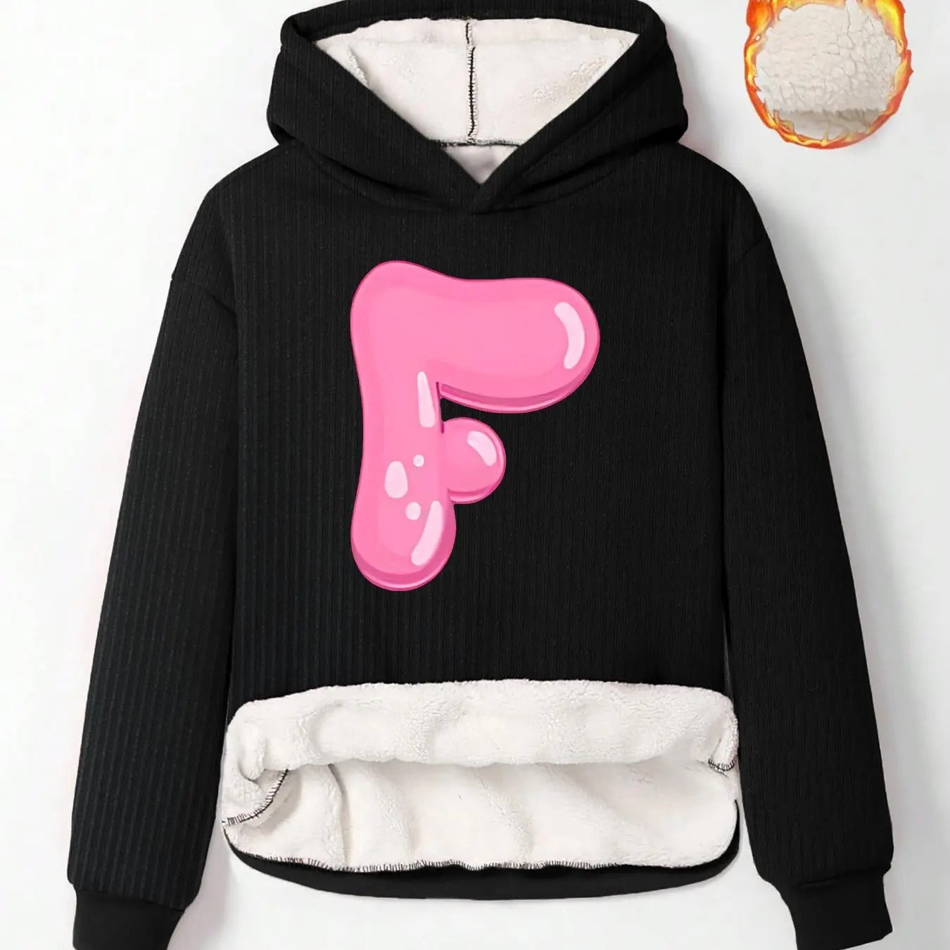 Women'WB shield Letter Print Drop Shoulder Fuzzy Hoodie, Casual Long Sleeve Hooded Sweatshirt for Fall & Winter, Women'WB...