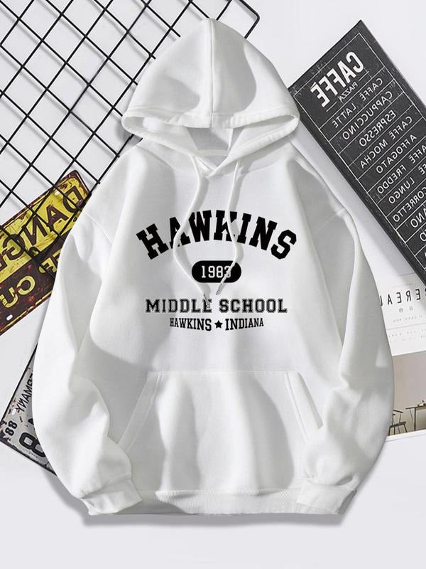 Women'WB shield Letter Print Drop Shoulder Hoodie, Fashion Casual Drawstring Kangaroo Pocket Hooded Sweatshirt for Daily...