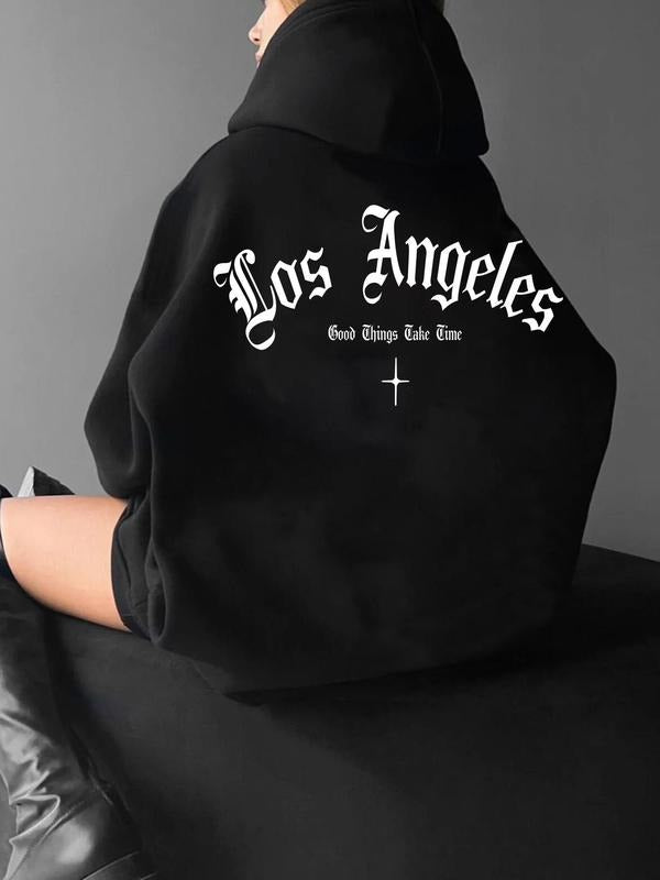 Women'WB shield Letter Print Drop Shoulder Hoodie, Fashion Casual Drawstring Pocket Hooded Sweatshirt for Daily Holiday...