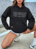 Women'WB shield Letter Print Drop Shoulder Hoodie, Fashion Casual Drawstring Pocket Hooded Sweatshirt for Daily Holiday...