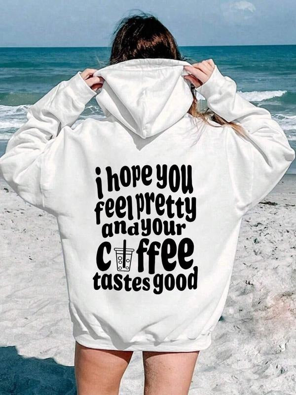 Women'WB shield Letter Print Drop Shoulder Hoodie, Fashion Casual Drawstring Pocket Hooded Sweatshirt for Daily Holiday...
