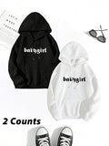 Women'WB shield Letter Print Drop Shoulder Hoodie, Fashion Casual Drawstring Pocket Hooded Sweatshirt for Daily Holiday...