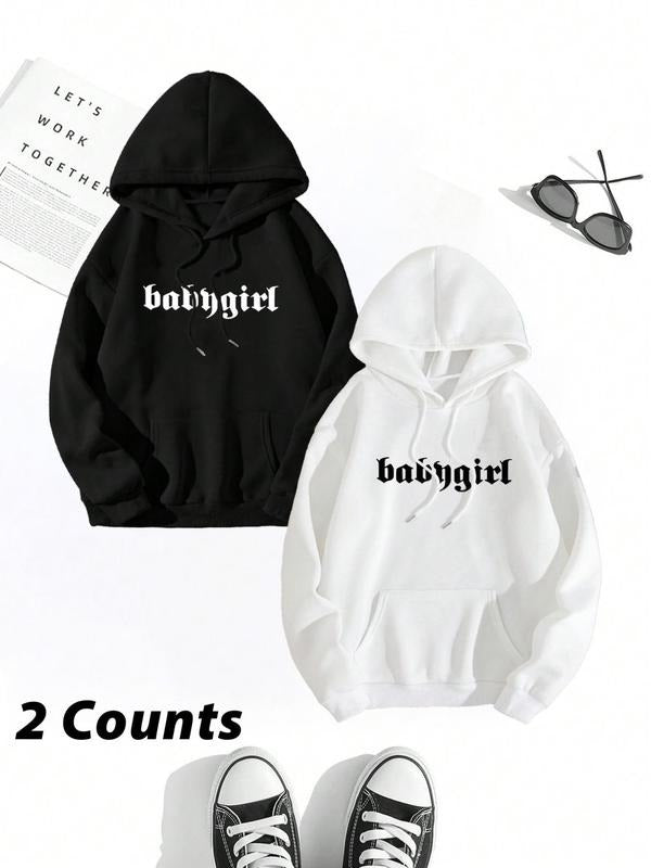 Women'WB shield Letter Print Drop Shoulder Hoodie, Fashion Casual Drawstring Pocket Hooded Sweatshirt for Daily Holiday...