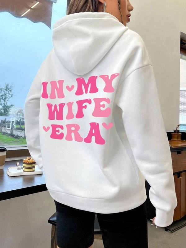 Women'WB shield Letter Print Drop Shoulder Hoodie, Fashion Casual Drawstring Pocket Hooded Sweatshirt for Daily Holiday...