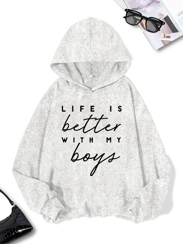 Women'WB shield Letter Print Drop Shoulder Hoodie, Fashion Casual Hooded Sweatshirt for Daily Holiday Outdoor Wear,...