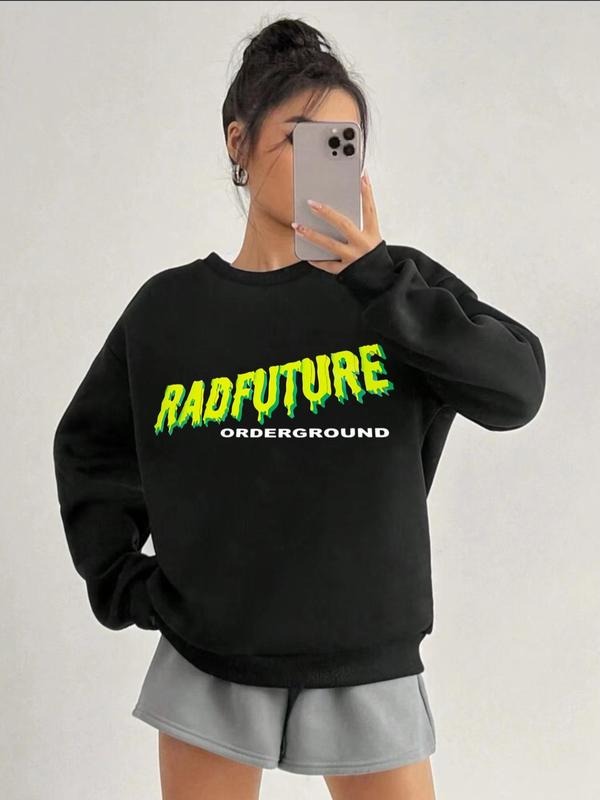 Women'WB shield Letter Print Drop Shoulder Long-Sleeve Sweatshirt, Casual Crew Neck Pullover For Daily Wear, Ladies Fall...