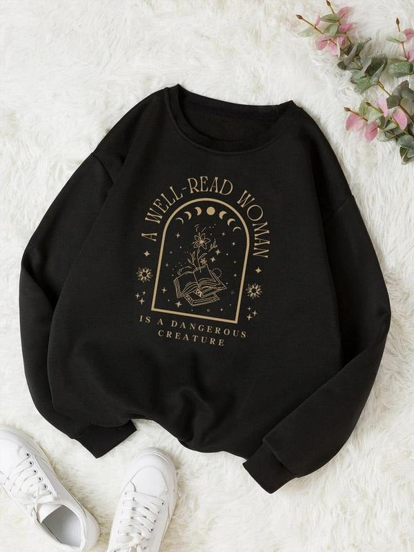 Women'WB shield Letter Print Drop Shoulder Long Sleeve Sweatshirt, Casual Crew Neck Pullover for Fall & Winter, Women'WB...