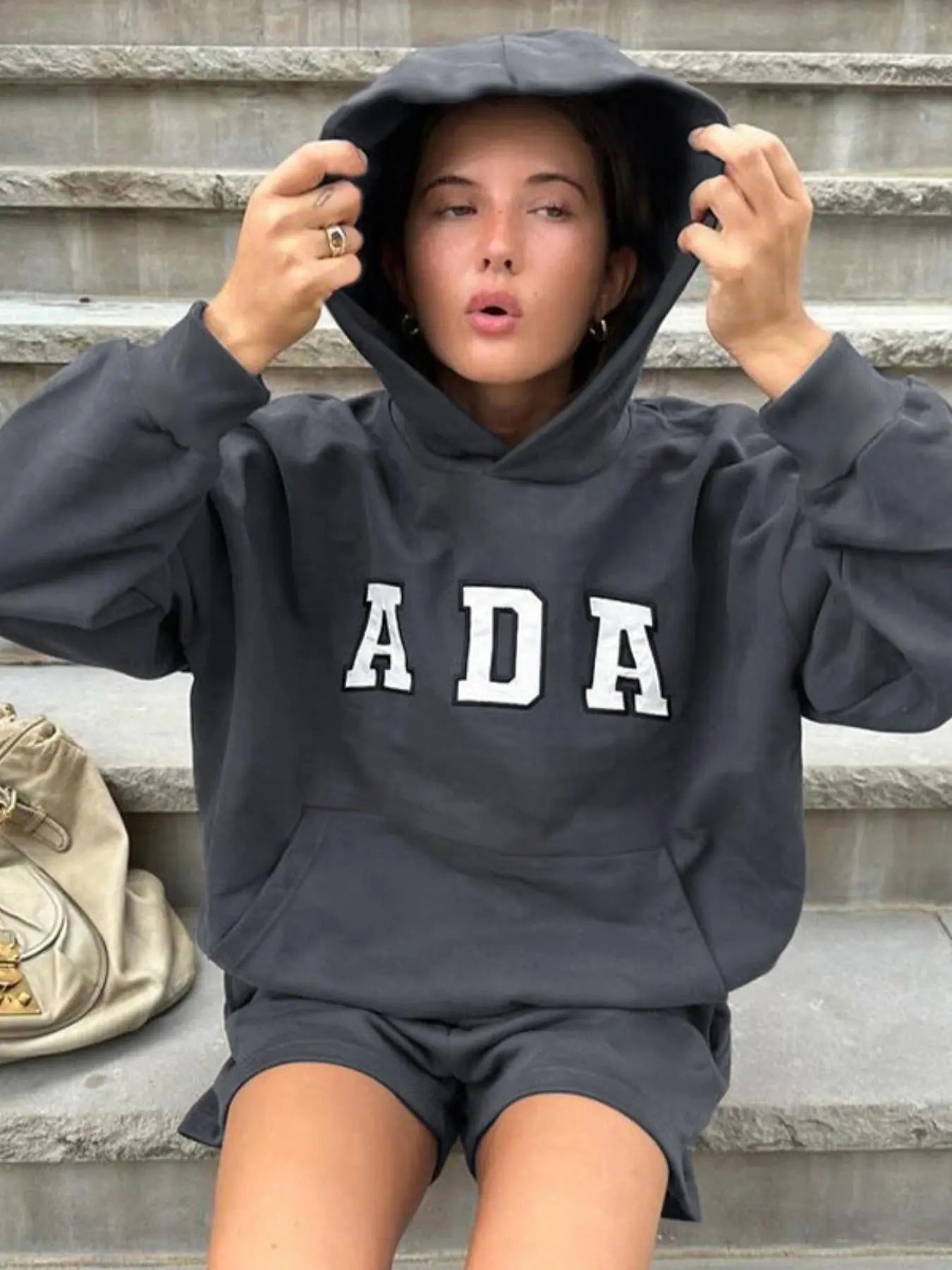 Women'WB shield Letter Print Drop Shoulder Pocket Hoodie & Shorts Straw hat pirates Set, Casual Fashion Cozy Hooded...