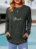 Women'WB shield Letter Print Drop Shoulder Pocket Tee, Casual Long Sleeve Round Neck T-shirt for Spring & Fall, Women'WB...