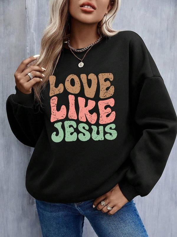 Women'WB shield Letter Print Drop Shoulder Sweatshirt Without Necklace, Casual Long Sleeve Round Neck Pullover for Daily...