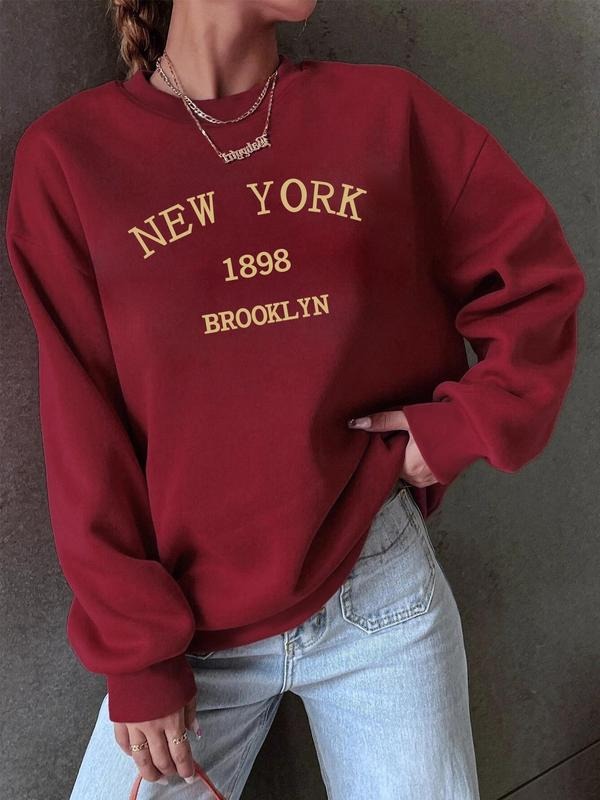 Women'WB shield Letter Print Drop Shoulder Sweatshirt, Casual Long-Sleeve Round Neck Pullover For Fall & Winter, Women'WB...