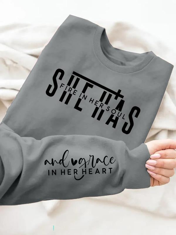 Women'WB shield Letter Print Drop Shoulder Sweatshirt, Casual Long Sleeve Round Neck Pullover for Daily Wear, Ladies TNF...